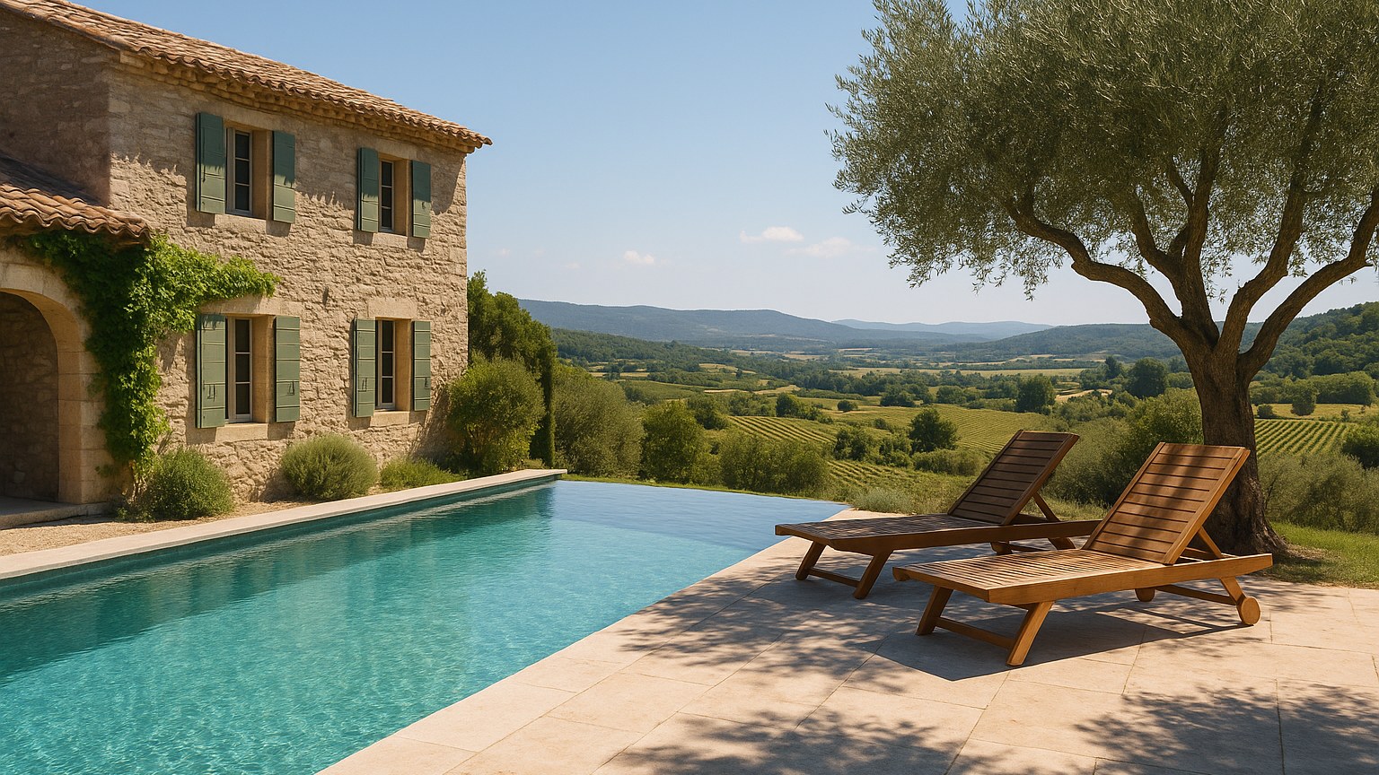 Piscine à débordement d'un mas provençal face aux collines