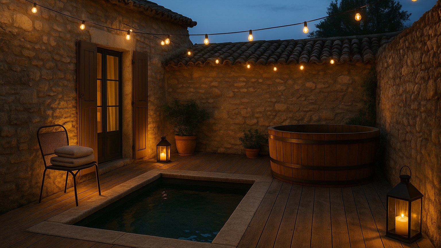 Terrasse d'une chambre d'hôtes avec bain à remous en soirée