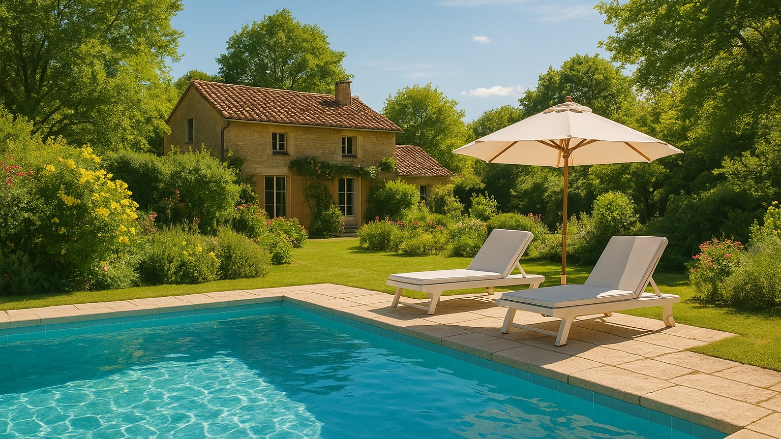 Piscine de jardin d'une chambre d'hôtes avec transats et parasol