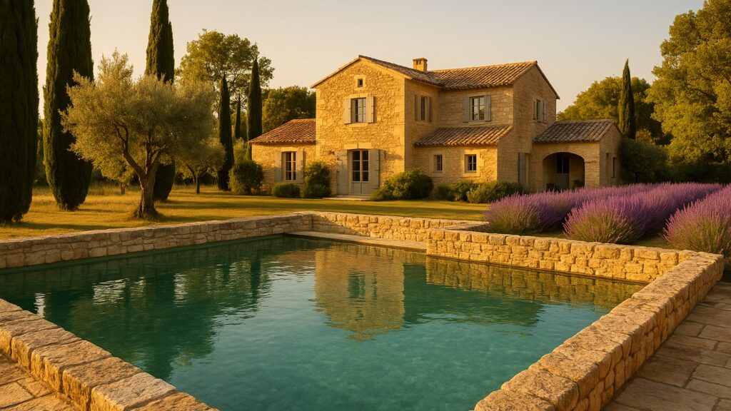 Chambre d'hôtes avec piscine en Provence au coucher du soleil