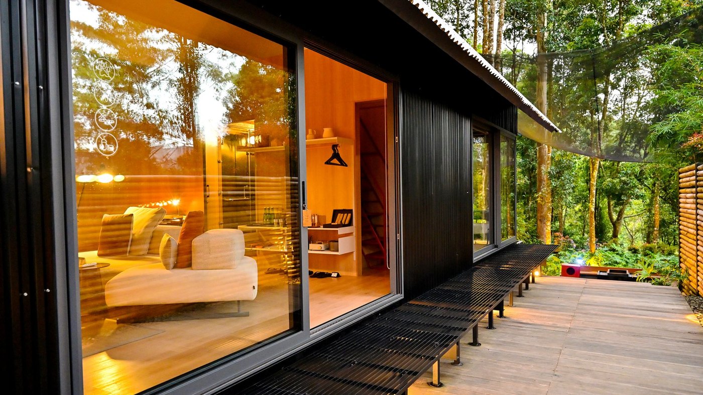 Intérieur chaleureux d'une cabane dans les arbres avec lit et grande fenêtre sur la forêt